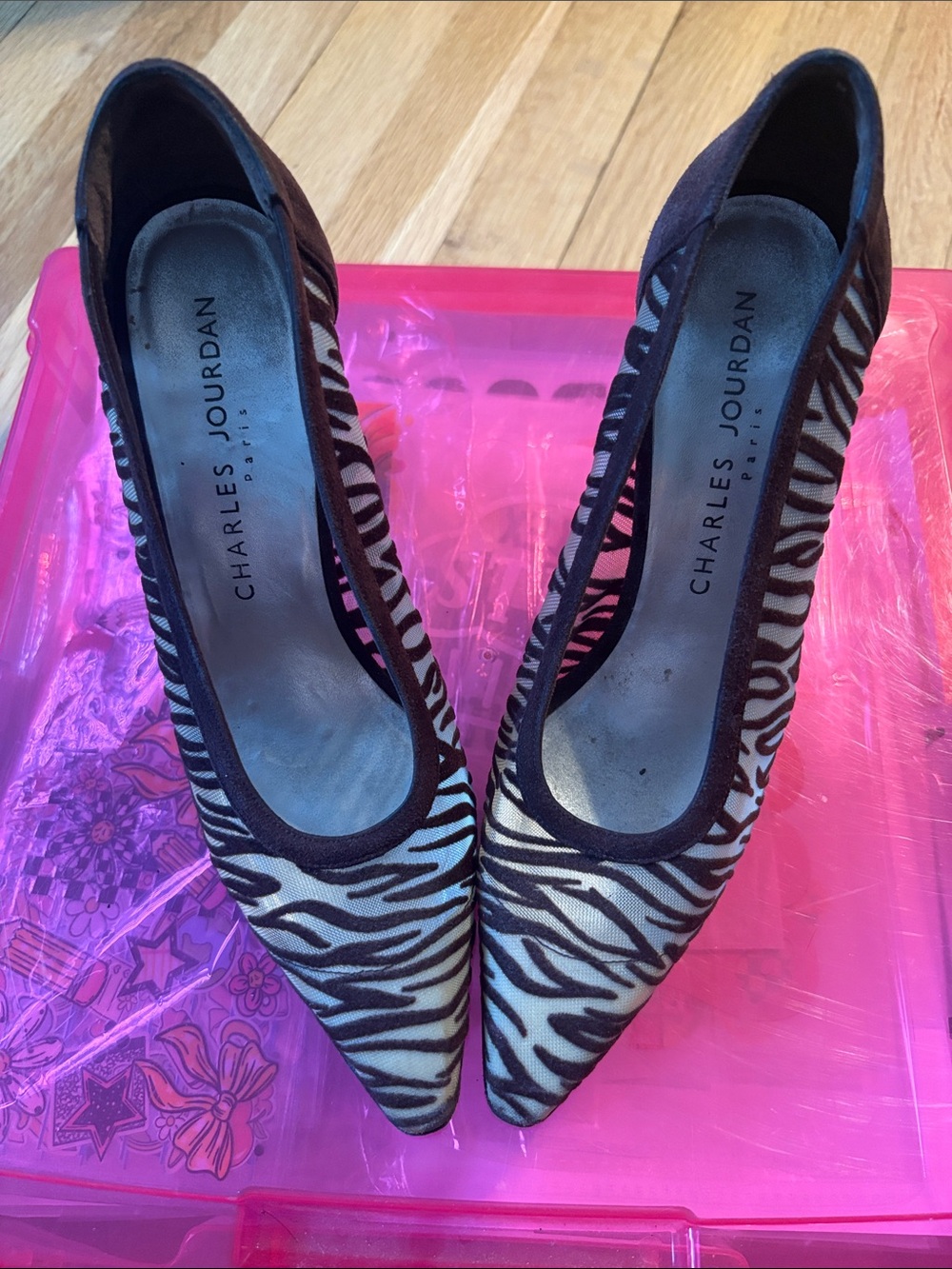 Charles Jourdan Brown and White Zebra-Print Pointed Toe Pumps